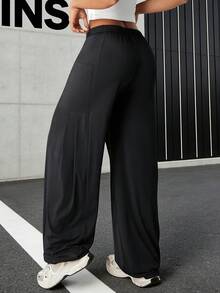 Women's Elastic Nylon Fabric Adjustable Drawstring Pockets Loose Straight Leg Pants Black - Black - View 2