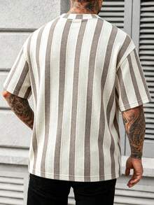 Men's Plus Size Textured Vertical Stripe Knit T-Shirt, Loose Casual Crew Neck Short Sleeve Streetwear Daily Vacation Style - Khaki - View 2