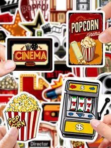 50Pcs Retro Cinema Decor Stickers, Hand-Drawn Illustrations Of Film Reel, Popcorn Bucket, Projector, Clapperboard And Vintage Theater Sign, For Journal, Water Bottle, Luggage, Retro Movie Theme Party DIY Decor - 7*6*1 - View 6