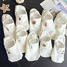 1/5/10 Pairs Women's Solid Color Ribbed Ankle Lined Short Invisible Socks, Thin Non-Slip Invisible Boat Socks, Suitable For All Seasons - White - View 3