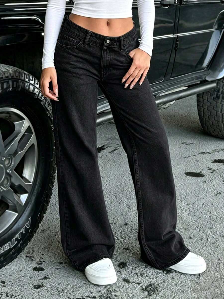 Jeans de pierna recta de mezclilla gris para adolescentes - Negro - Ver 1
