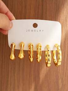 6/18PCS Fashionable Personalized Elegant Halo Geometric Texture Metallic Earring Set Suitable For Party, Banquet, Travel, Wedding, Vacation, Daily Wear Jewelry Gift (Lightweight ABS Material, Non-Fading) - Gold - View 8