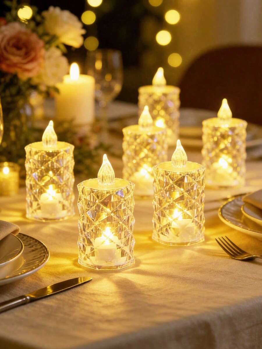 12/6/1pc Battery Operated Diamond Pattern Flameless LED Tealight Candles, Warm Light Electronic Candle For Decor,Transparent Shell Flickering LED Candles,Electronic Fake Candles For Wedding Party Table Home Decoration,Crystal LED Tea Lights