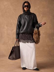 Glazenia New Vintage Bomber PU Leather Jacket, Solid Color Casual Zipper Pocket Jacket, PU Leather Jacket, Regular Fit Black - Black - View 2