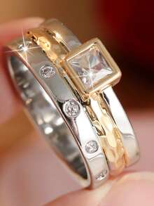 Gmzalx Women's Fashion Personalized Cubic Zirconia Decorated Ring, Versatile Textured Decorative Accessory Jewelry For Daily Commute - Two-color - View 12