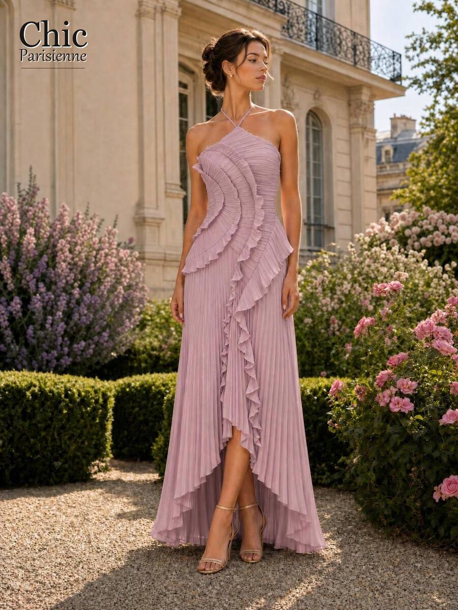 Dusty Pink:Dusty Pink Pleated Ruffle Halter Long Party Gown - 藕色 - 查看 1