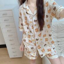 San-X Rilakkuma 可愛卡通 Ins 風鬆弛感熊圖案日系女款夏季短袖居家睡衣套裝 - 彩色 - 查看 5
