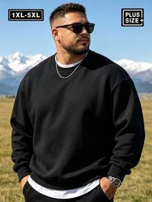 大尺碼 1XL-5XL 男士純色落肩長袖休閒運動衫，秋冬返校季運動款 - 黑色 - 查看 1