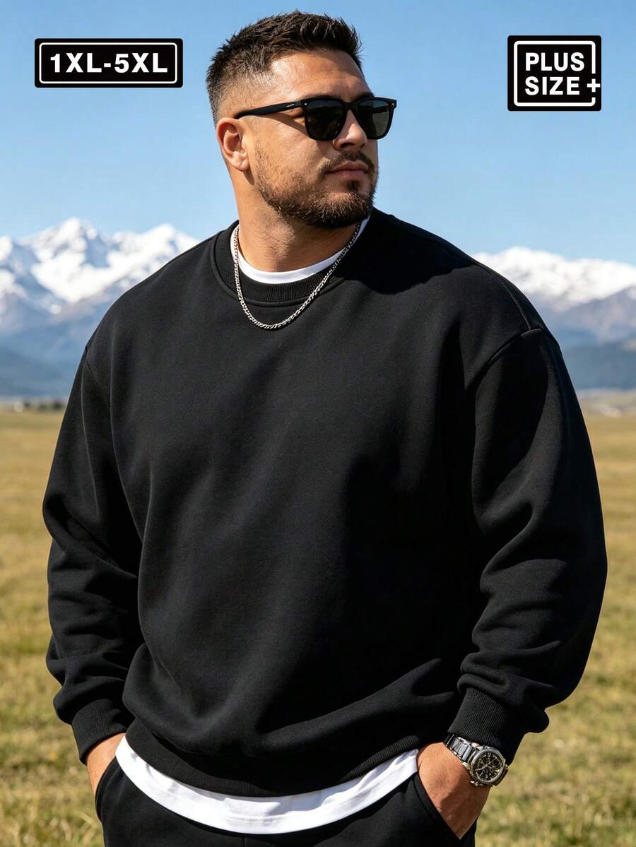 大尺碼 1XL-5XL 男士純色落肩長袖休閒運動衫，秋冬返校季運動款 - 黑色 - 查看 1