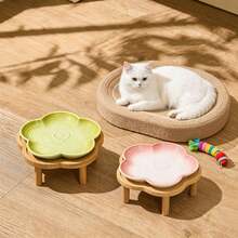 Flower Ceramic Feeding Cat Plate With Raised Bamboo Stand - 150ml - View 12