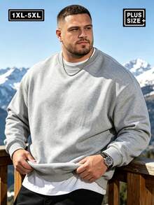 Plus Size Men's Autumn/Winter Minimalist Crew Neck Sweatshirt | All-Match Versatile Casual Top | Streetwear Layering Essential Sports - Light Grey - View 4