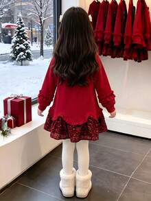 Girls' Daily Fashion Thermal Lined Sequin Red Sweatshirt Dress, Autumn/Winter - Red - View 4