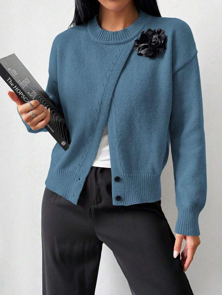 Early Autumn,Irregular Wrap Front Floral 3D Embellished DecorSplit Side Pullover Knit , Crew Neck Drop Shoulder Short Knit Outerwear,Cardigan For Wome