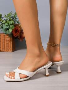 Sweet & Cool Style Bright Solid Color Women's High Heel Sandals, Fashionable Mid-Heel Mule Shoes, Suitable For Summer Wedding Guest, Cocktail Party, Date Night - Beige - View 6