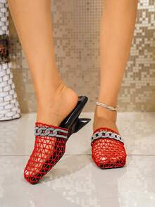 Fashionable Mesh Slide Sandals With Pearl Decor, Wedge Heel Breathable Mesh Slippers - Red - View 2