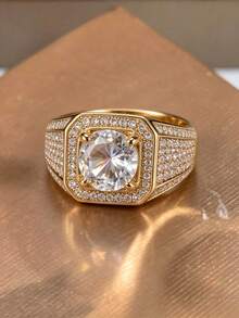 1 pieza Anillo de declaración de lujo chapado en oro con rhinestones | Joyería glamorosa de estilo hip-hop para el verano | Accesorio unisex para fiestas y uso diario - Dorado - Ver 4
