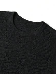 Men's Waffle Texture Crew Neck Short Sleeve T-Shirt, Slim Fit Casual Streetwear Top - Black - View 5