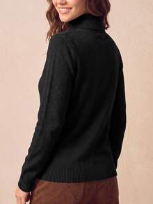 Atasan Turtleneck Termal Wanita, Leher Tinggi Ramping Lengan Panjang Panjang Reguler Rajutan Bergaris Lapisan Bulu Elastis Minimalis Lapisan Dasar Musim Dingin Hitam - Hitam - View 4