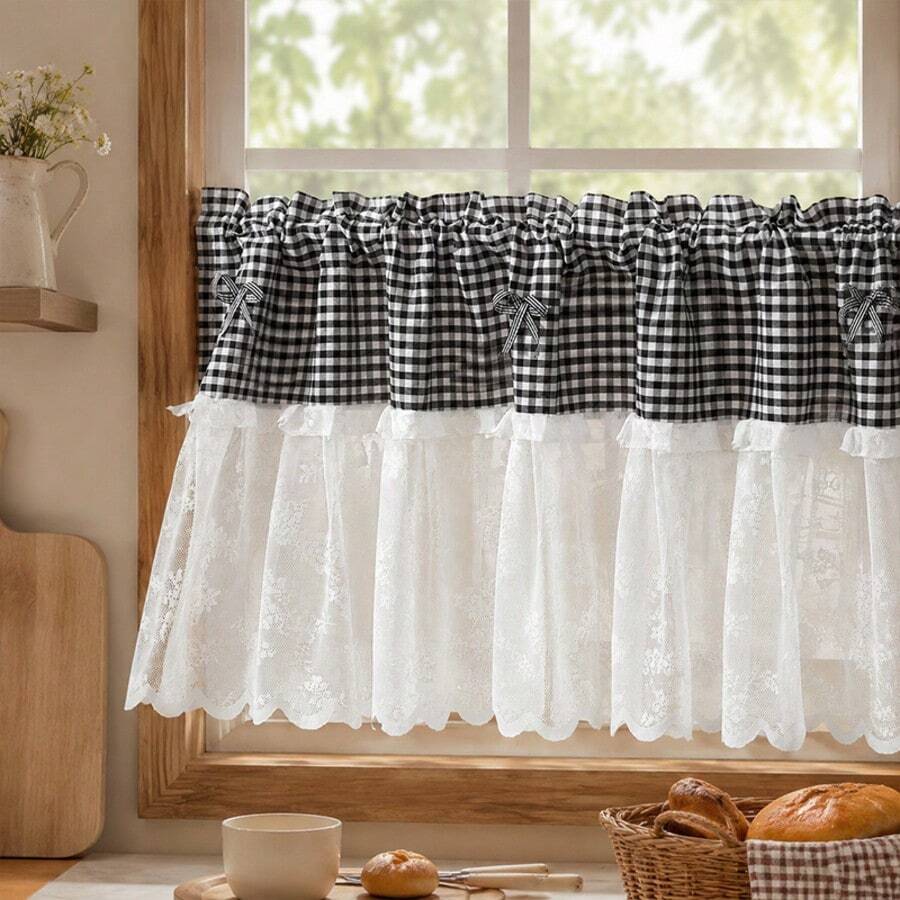 1 Buah Tirai Kafe Gaya Pastoral Pedesaan Motif Kotak-kotak Hitam Putih Jaring Patchwork Tirai Pendek untuk Dapur, Ruang Makan, dan Partisi Tirai Jendela Kecil Romantis dengan Desain Kantong Batang Tirai Mudah Digantung - Hitam dan Putih - View 1