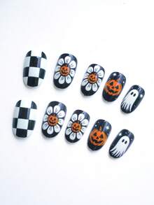Arte de uñas de Halloween, 24 piezas/Set de uñas postizas cortas ovaladas con diseño de cuadros, fantasmas, calabazas y flores blancas, set portátil adecuado para chicas modernas, mujeres de oficina, fiestas, citas y uso diario y de fiesta - Multicolor - Ver 2