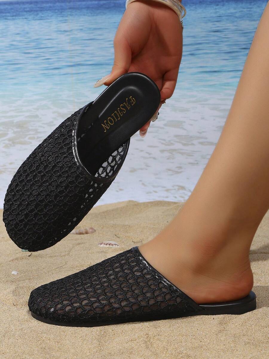 女款黑色網布透氣包頭平底涼鞋,半套腳穆勒鞋,夏季戶外休閒穿著 - 黑色 - 查看 1