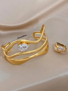 Set/1 Pieza Conjunto de Joyas con Brazalete y Anillo de Línea Asimétrica de Circonita y Acero Inoxidable, Para Mujeres, Fiesta, Diario, Navidad, Regalos de Boda de San Valentín/Y2K - Multicolor - Ver 4