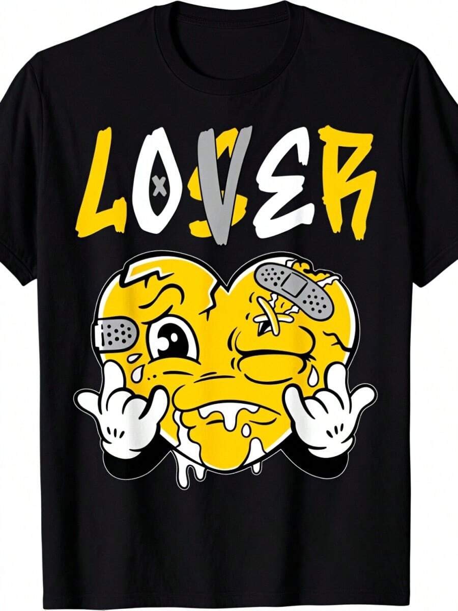 Loser Lover Yellow Drip Heart Matching Outfit T-Shirt For Men - Fashionable Graphic Tees For Couples - Soft And Comfortable Wear For Casual Occasions - 黑色 - 查看 1