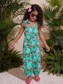 Combinaison d'été pour jeunes filles avec imprimé de feuilles de forêt tropicale et bretelles à nœud papillon - Vert - Voir 2