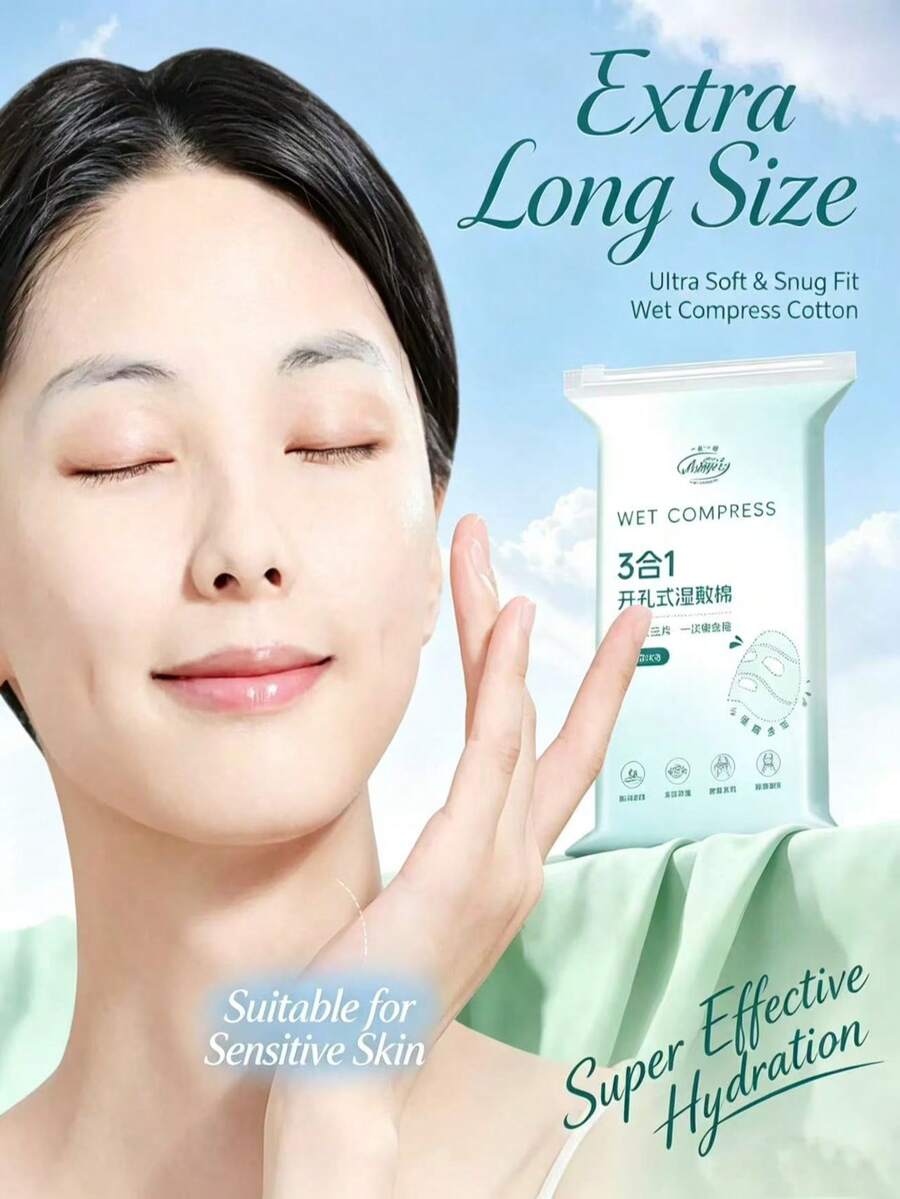 1pc 102pcs Extra Long Perforated Cotton Pads, 3-In-1 Stretchable Facial Mask Cotton Pads, Pull 3 Pieces Continuously To Cover Full Face, Face Towel, Cotton Buds, Makeup Remover Pads - White - View 1
