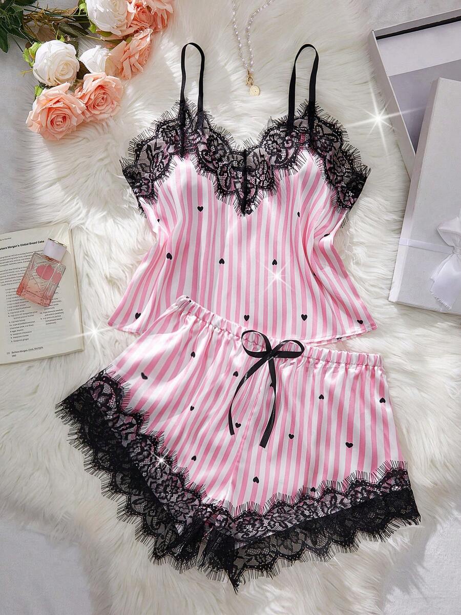 2 Pcs Heart Striped Print Satin Sexy Lingerie Set Adjustable Shoulder Straps Eyelash Lace V-Neck Cami & Bow Shorts Women's Erotic Pajama