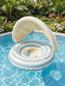 Striped Inflatable Swim Float With Detachable Sun Canopy, Anti-Flip Swim Seat With Handles, Summer Pool Beach Pool Accessory - Multicolor - View 11