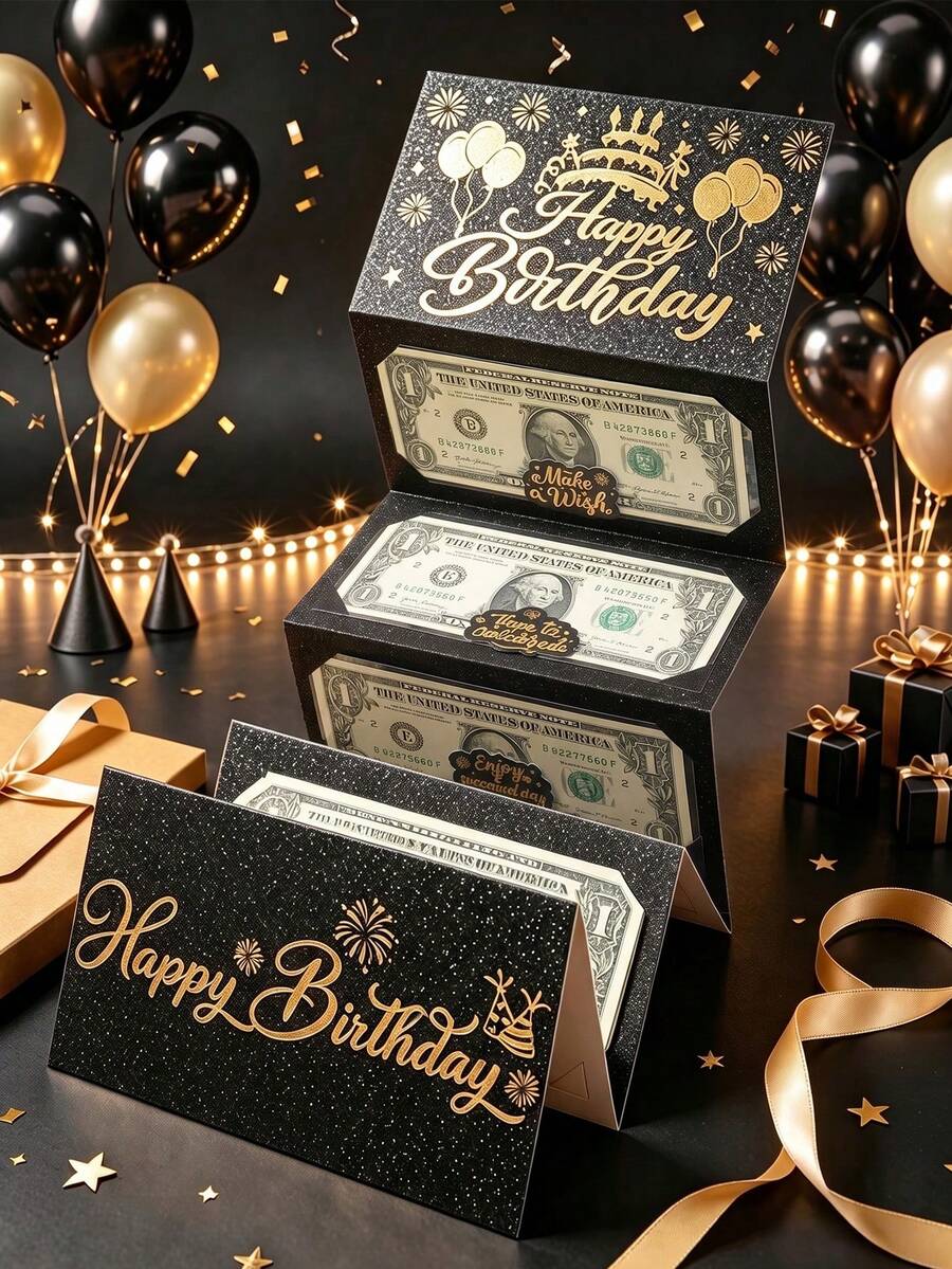 一套黑金生日现金卡及信封，粉金生日蛋糕图案折叠钞票卡，生日派对惊喜现金小礼物，周年纪念装饰折叠钞票卡，生日庆祝现金装饰，生日派对装饰，生日快乐折叠钞票卡及信封 - 创意现金礼物，生日装饰，生日礼物，派对礼品