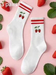 1/3/5 Pairs 3D Printed Cherry Pattern Mid-Calf Socks, Colorful Red Striped Ribbed Splicing Details, Soft And Skin-Friendly - Red - View 22