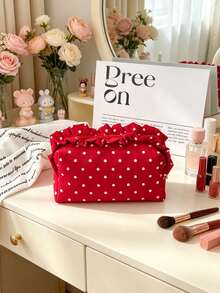 Cute Ruffle Lace Makeup Bag, Women & Girls, Vintage Striped Polka Dot Cosmetic Organizer, Travel Toiletry Bag, Suitable For Daily Use, Vacation And Dorm Storage - Multicolor - View 4