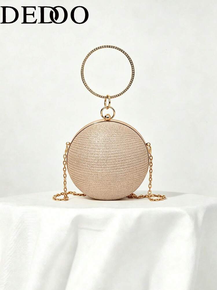 Lightweight Business Casual Rhinestone Decor Bucket Bag, Mini Drawstring Design, Transparent Faux Pearl - Gold - View 1
