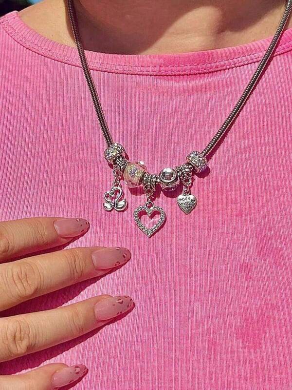 Silver Swan & Heart Pendant Necklace And Bracelet Set - Cute Y2K Style Silver Bracelet, Women's Necklace, Perfect Gift For Girlfriend, Suitable For Party And Daily Commute Wear