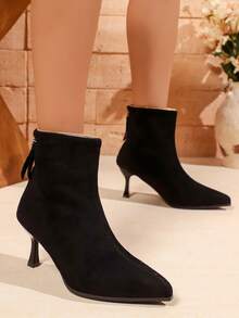 Women's Fashion High Heel Ankle Boots, Black Suede Pointed Toe Stiletto Heel Back Zipper Ankle Boots, Thermal Lined Warm - Black - View 7