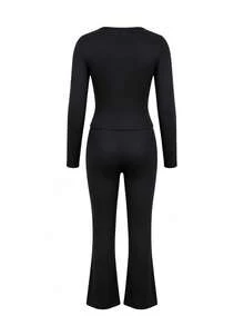 LovelyWholesale Women's Casual Cross V-Neck Long Sleeve Top And Flare Pants 2 Pieces Set, Autumn Women's Outfit - Black - View 5