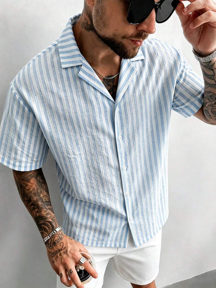 GloMan Men's Linen Blend Blue & White Striped Button-Down Short Sleeve Shirt, Breathable For Summer, Suitable For Beach Vacation, Office Commute, Business, Back To School, Gift For Husband - Blue and White - View 1