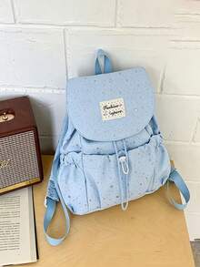 Cream White And Blue Star Print Flap Drawstring Backpack, Soft And Lightweight Polyester Fabric, Gentle Casual Style, Adjustable Shoulder Straps, Large Capacity Interior, All-Season Wear, Unisex Adult Style, Suitable For School, Travel, Commute And Daily Outings - Multiple Styles - View 13