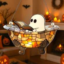 Decoração de Janela Acrílica Pendurada para Banheiro 2D 1 Peça Fantasma Fofo Lendo Livro | Fantasma na Banheira Apanhador de Sol, Presente para Amantes de Livros na Temporada Assustadora de Halloween - Multicolorido - Visão 5