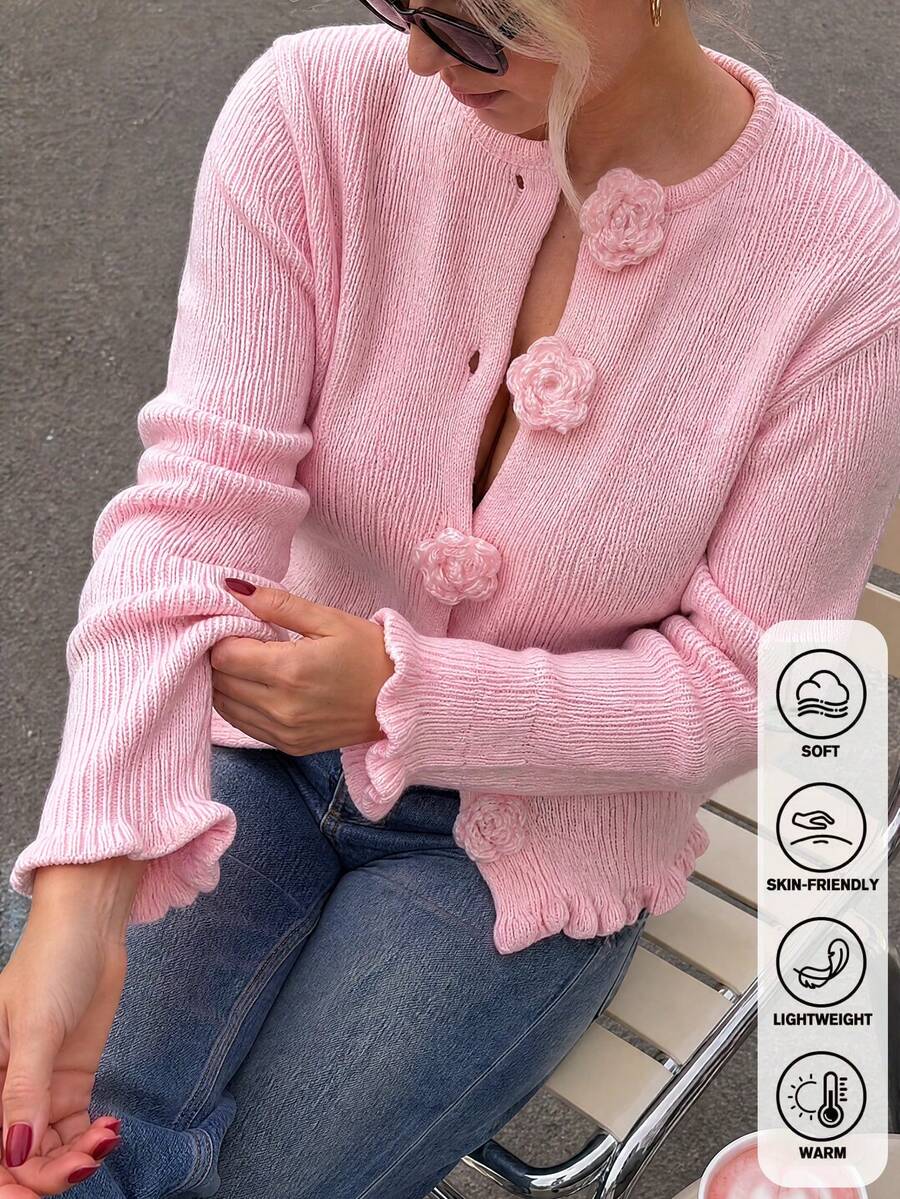 Cárdigan de punto rosa romántico con cuello redondo, decoración de botones con rosas 3D, mangas largas con volantes, estilo para brunch de vacaciones de otoño & paseo por la ciudad - Rosa - Ver 1