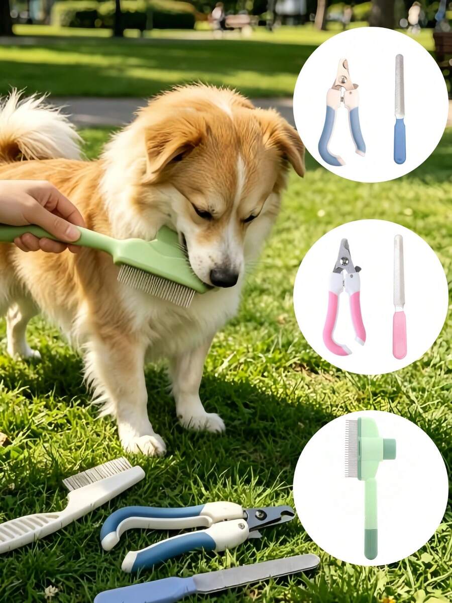 3pcs Pet Grooming Set Self Cleaning Hair Brush Nail Clipper Nail File Combo Kit, Durable Anti-Scratch Dog Cat Hair Removal Comb Paw Nail Cutter Trimmer With Buffer File, Easy To Use Home Pet Care Tools For Small Medium Large Animals - View 1