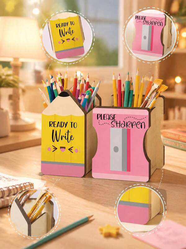 2pcs Large Wooden Pencil Holder, Pencil And Pencil Sharpener Style, Suitable For Classroom Or Desk Storage And Organization, Back To School Stationery, Autumn Decor, Bedroom Decor, Christmas Decor, Living Room Accessories, Party Supplies, Halloween Decor, Graduation Decor, Home Decor, Halloween Home Decor, Bathroom Decor, Travel Essentials, Bedroom Accessories, Birthday Gift For Women, Back To School, Home Decor, Home Essentials, Gift For Women, Gift For Men, Gift For Mother