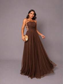 LONG BRIDESMAIDS WEDDING DRESS WITH TULL FLAT AND BRAIDED SHINE - BROWN - View 1