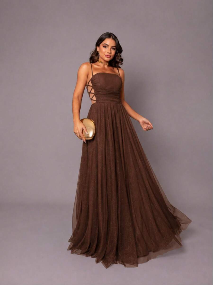 LONG BRIDESMAIDS WEDDING DRESS WITH TULL FLAT AND BRAIDED SHINE - BROWN - View 1