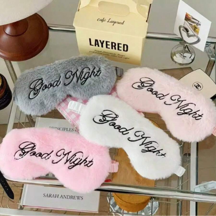 1/3pcs Good Night Plush Eye Mask With Embroidered Letters, Sleep Eye Mask For Home, Travel, Airplane, Light Blocking - A - View 1