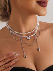 1 Set 2pcs Heart-Shaped Rhinestone Double Chain Tassel Design Collarbone Necklace, INS Luxury Crystal Necklace - White - View 3