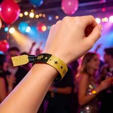 Shiny Gold VIP Star Print Disposable Fabric Wristband, Waterproof Identification Bracelet, Suitable For Concerts, Festivals, Nightclubs, Weddings, Party Events Access Control Decoration - View 3