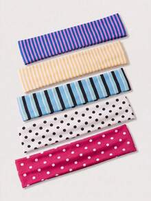 5pcs/Pack Women's Elastic Headbands, Bohemian Style Striped & Polka Dot Sweat-Absorbing Hairbands, Suitable For Yoga, Running, Fitness, Summer Y2K Hair Accessories - Multicolor - View 3
